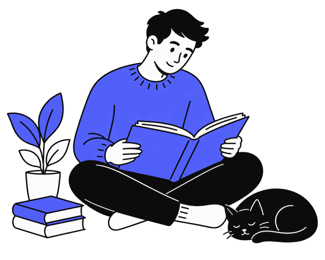 作者坐在書本旁閱讀與寫作的插畫