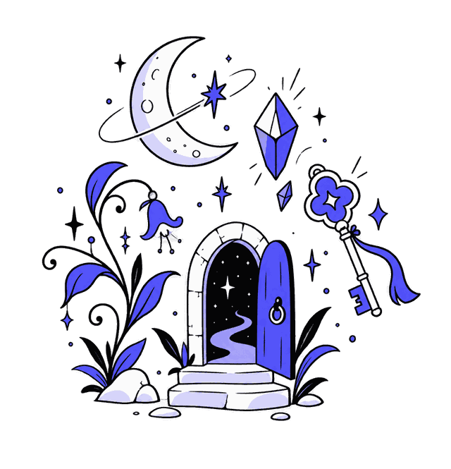 奇幻元素插畫:魔法書、水晶與符文